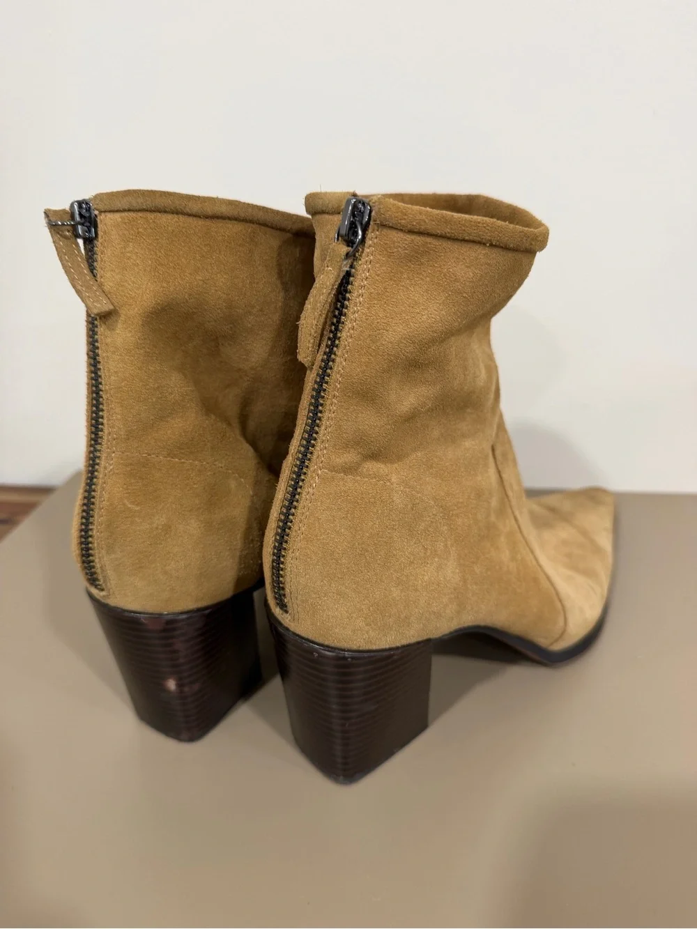 Zara Genuine Suede Pointed-Toe Ankle Boots - Tan